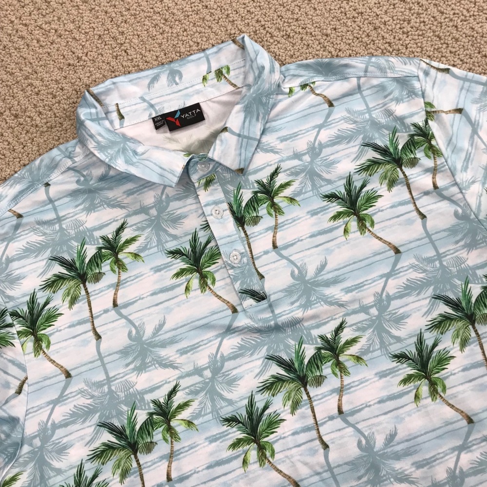 Yatta Golf Mens XXL Palm Tree Tropical Performance Polo Shirt Blue Green XXL